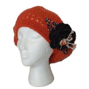 Crochet Knit Beret Flower Beaded Hat Jeanne Simmons Boho Wearable Art NWT